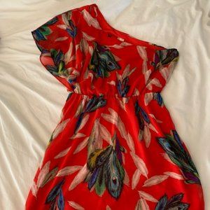 One Shoulder Red and Blue Peacock Feather Dress - Size Medium